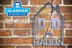 House drawing with windows as eyes and sad face with the word "radon" below, Alaskan Air Conditioning and Heating logo and contact phone numbers in top left quadrant
