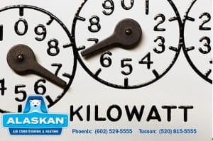 gauges showing Kilowatt usage with Alaskan Air Conditioning and Heating logo and contact phone numbers across bottom